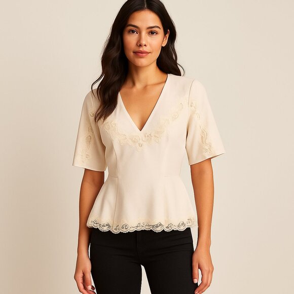 Rebecca Taylor Lace Inset Peplum Blouse - Size 4 - Picture 1 of 10